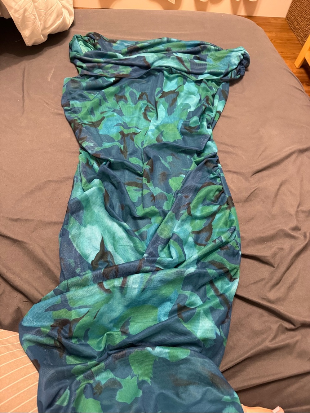 Teal & Navy Abstract Print Strapless Dress